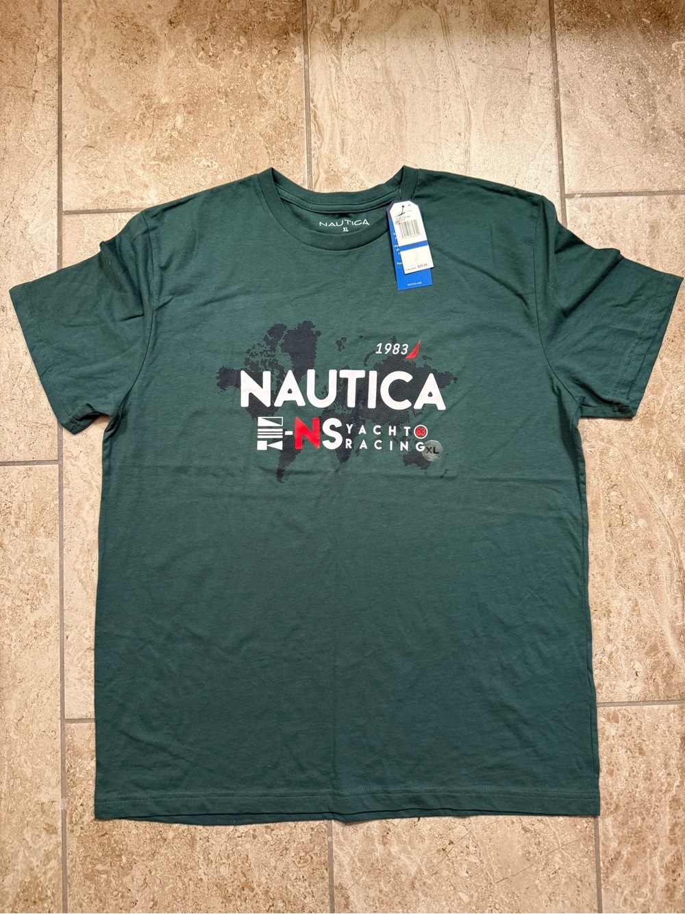 NWT Nautica Dark Green White Black Logo Yacht Racing Graphic Tee